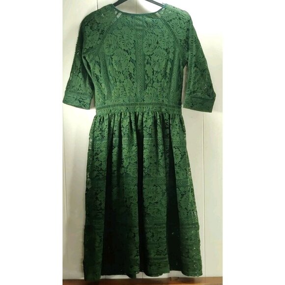 Metisu Dress Forest Green Ivy Lace Pattern Lined Overlay V-neck Size S - Picture 2 of 16